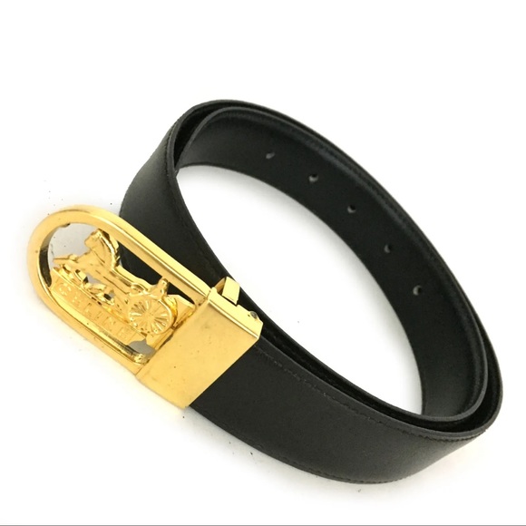 Celine Accessories - AUTH CELINE Horse Carriage Gold Black Leather 68cm Womens Belt